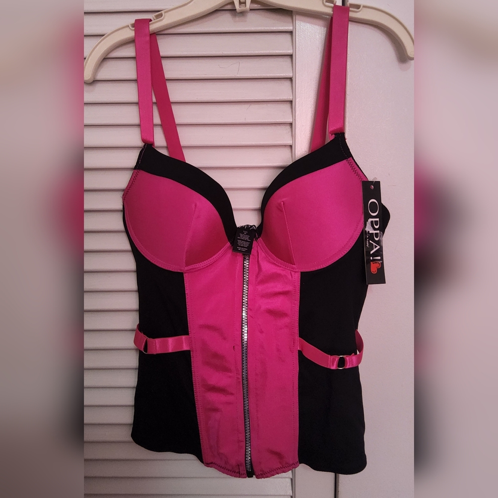 Vibrant Pink and Black Bustier with Zipper